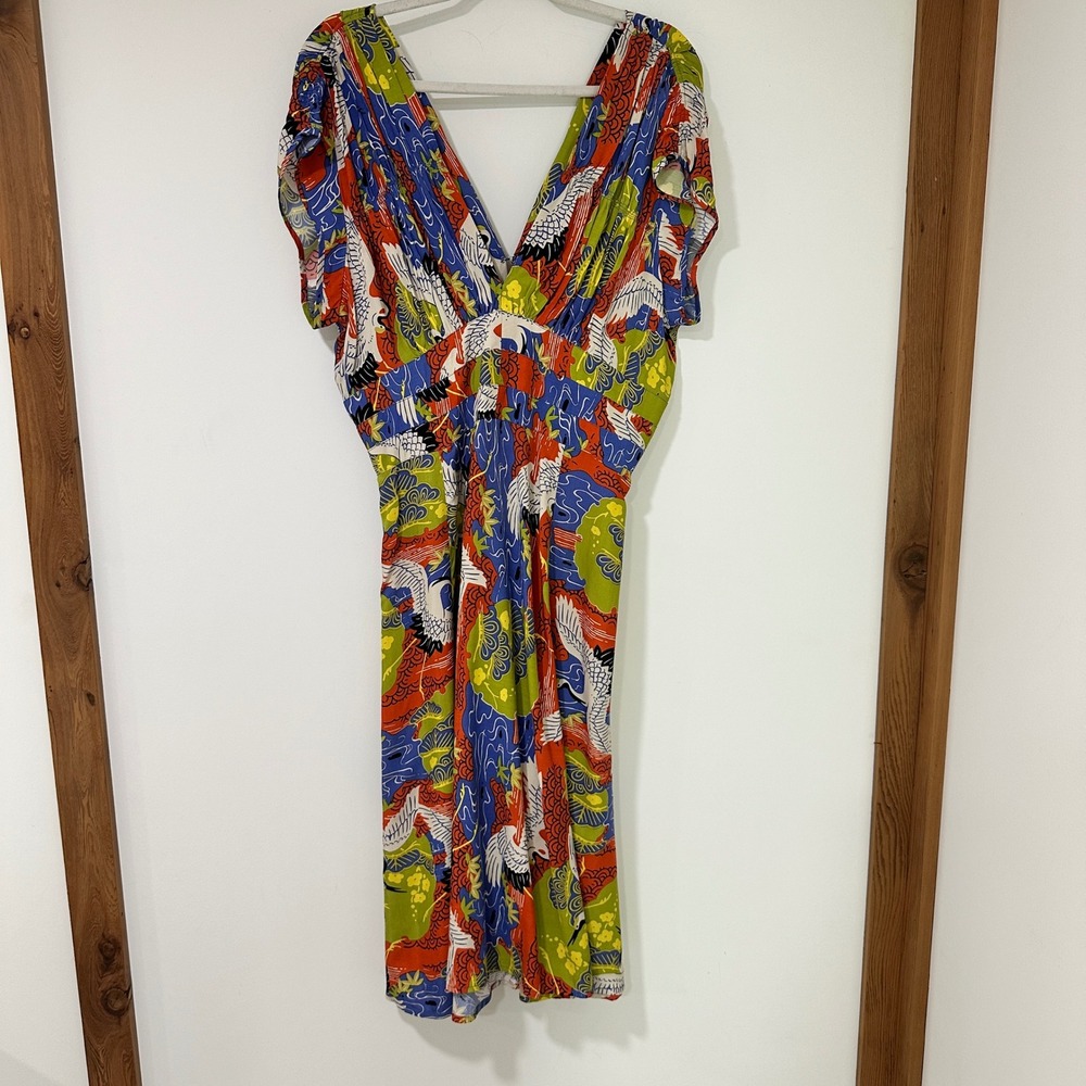 Trashy Diva Candice Gwinn Crane Print Dress Womens 14 Rayon V Neck Rockabilly - Picture 3 of 8